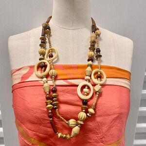 Vintage 90s y2k wood earthtone beaded charm necklace